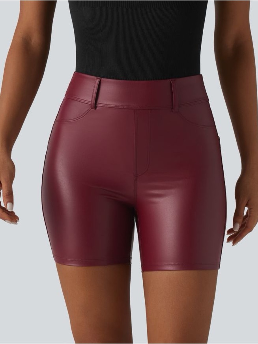 Halara High Waisted Stretchy PU Casual Biker Shorts 5'' with Pockets medium